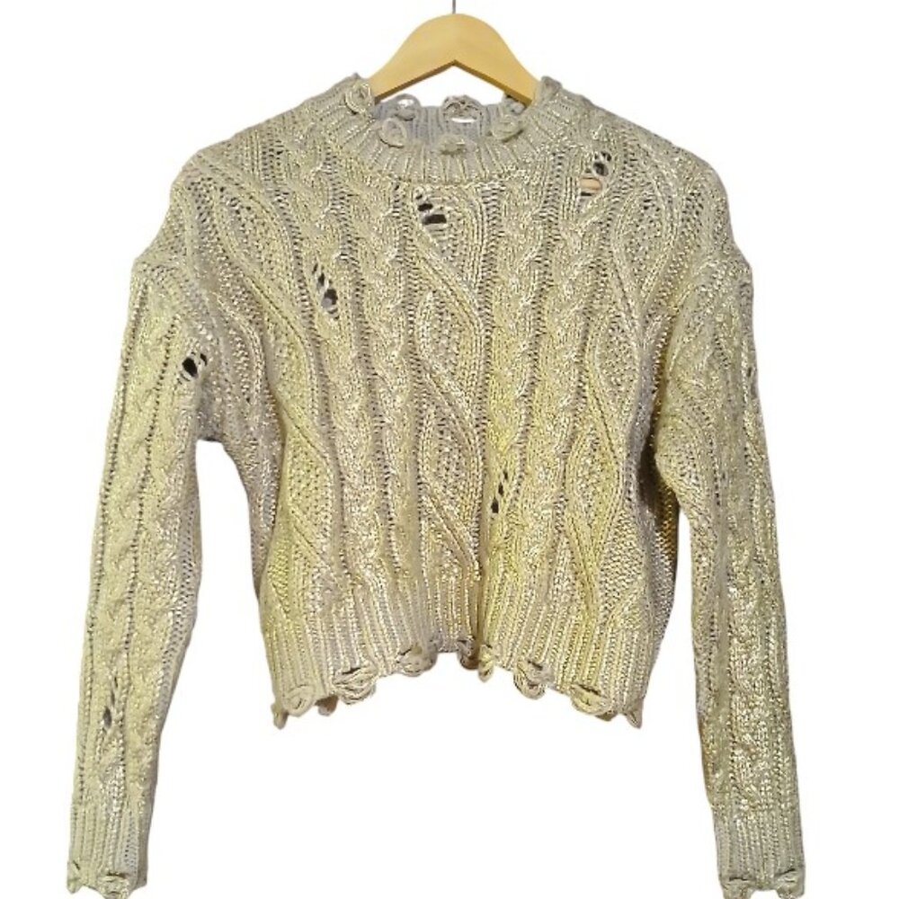 ZARA Wheat with Metallic Gold Shimmer Wool Blend Crop Crew Cable Knit Sweater